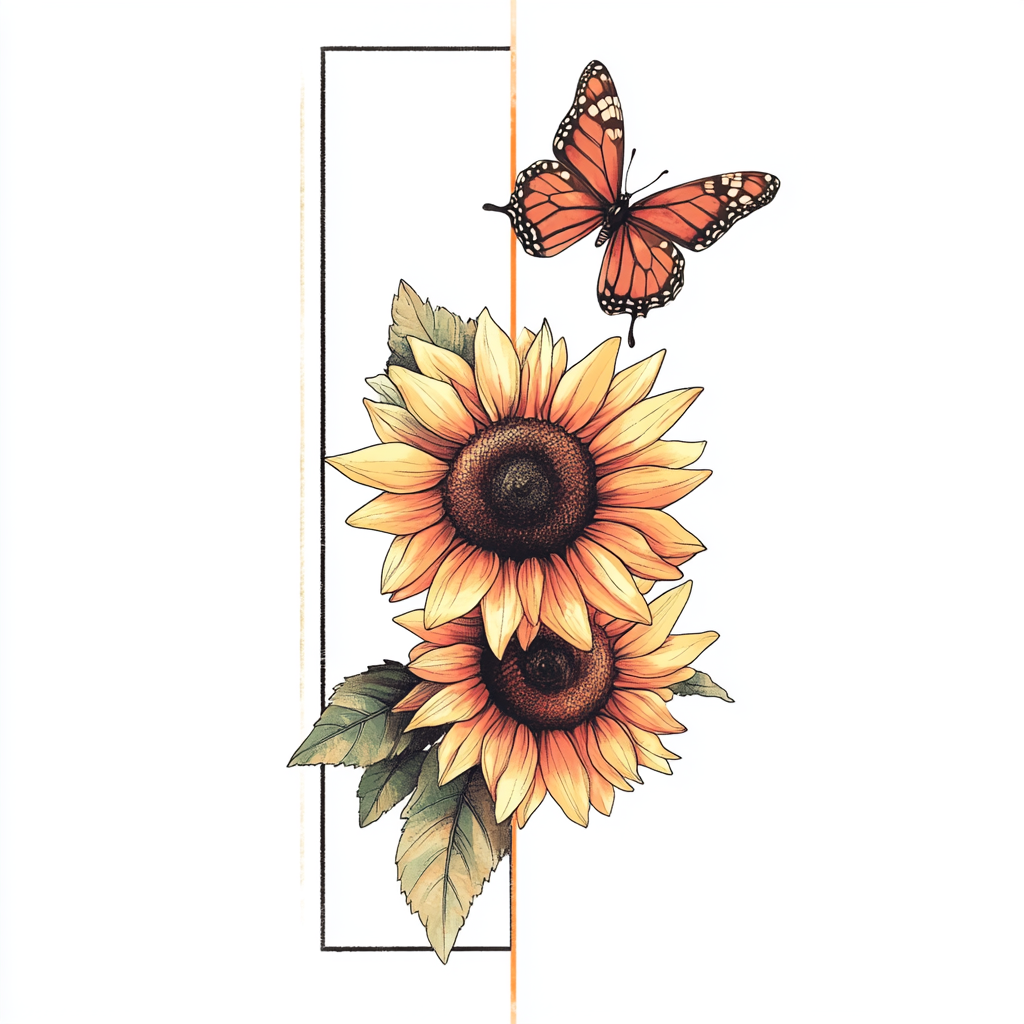 Two sunflowers and a butterfly tattoo design.