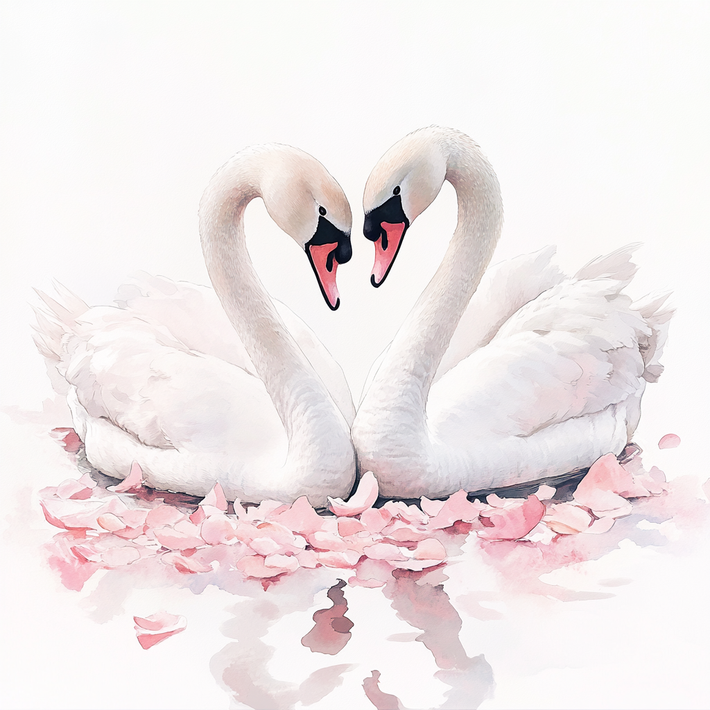 Two swans forming heart surrounded by pink petals