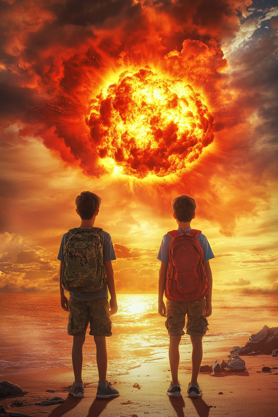 Two teenage boys with backpack in post-apocalyptic scene