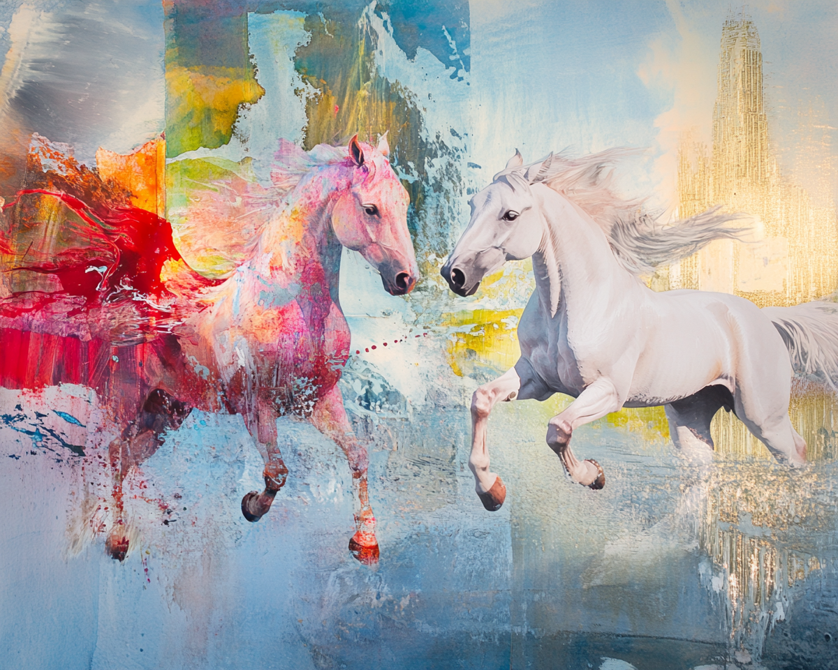 Two white horses dancing in watercolor dream