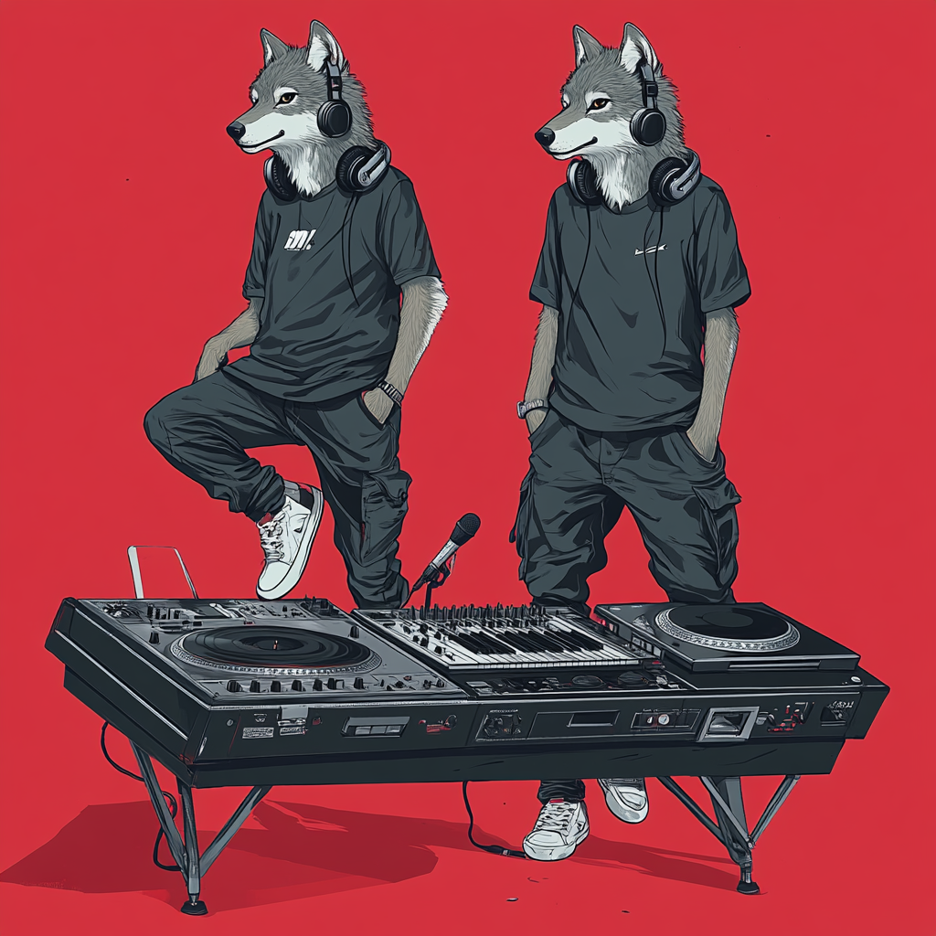 Two wolves in cool outfits on giant turntable