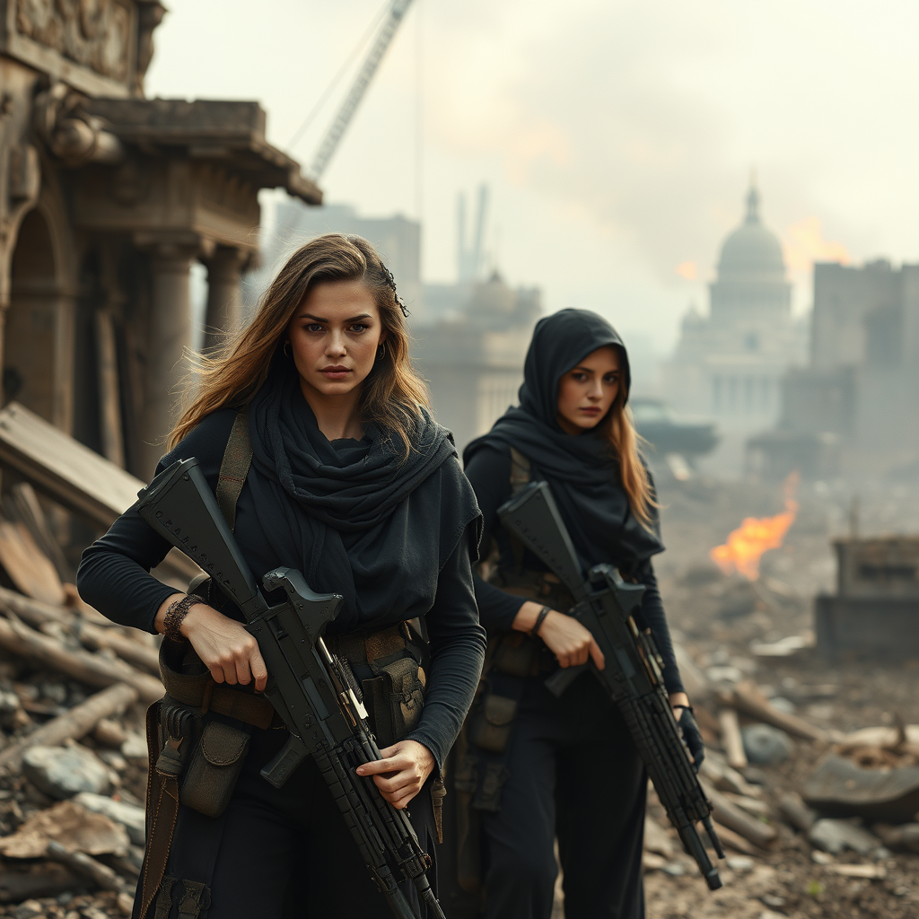 Two women soldiers in the ravaged city