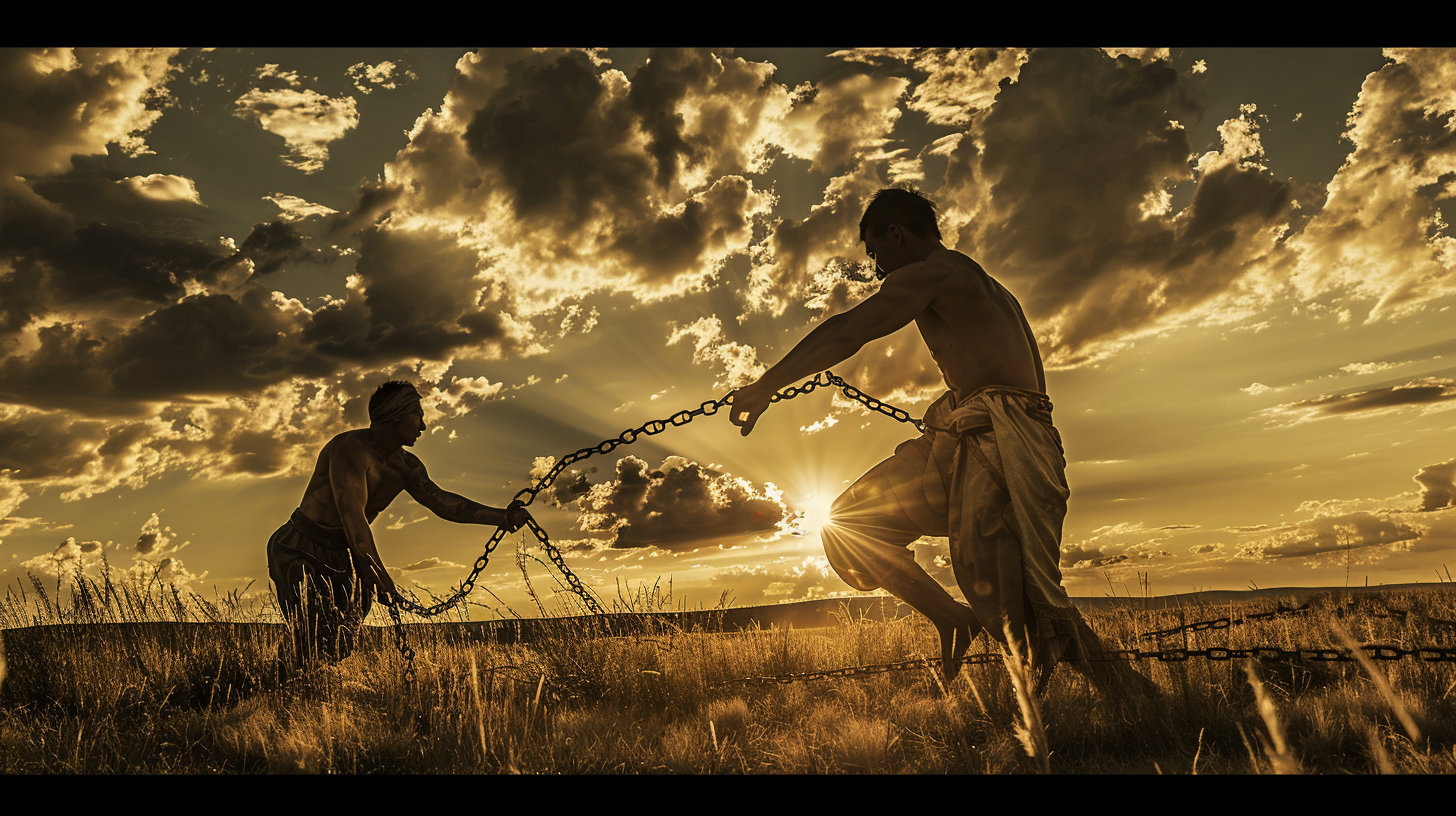 Two wrestlers fight in golden steppe at sunset.