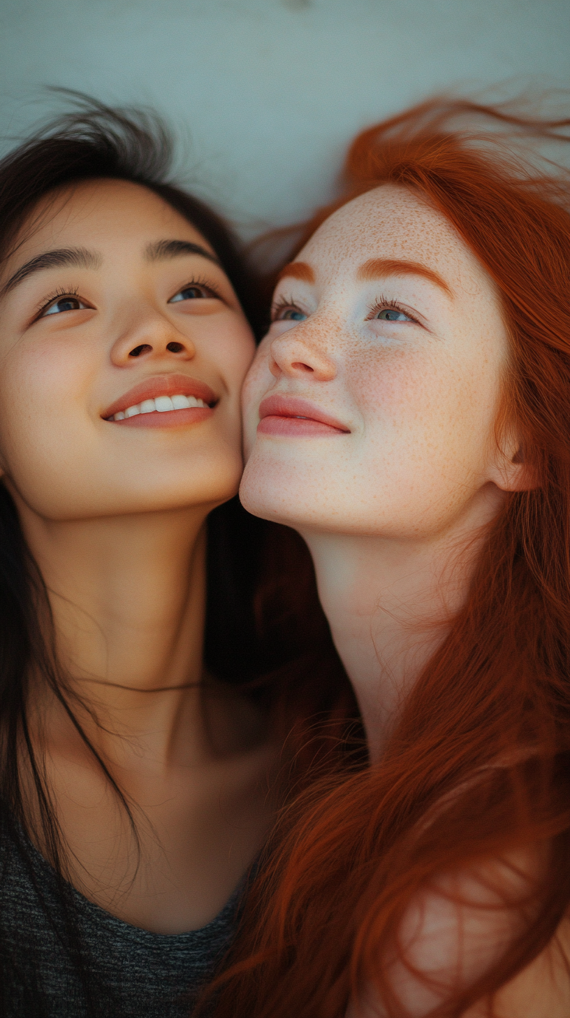 Two young women embrace joyfully in bright photo