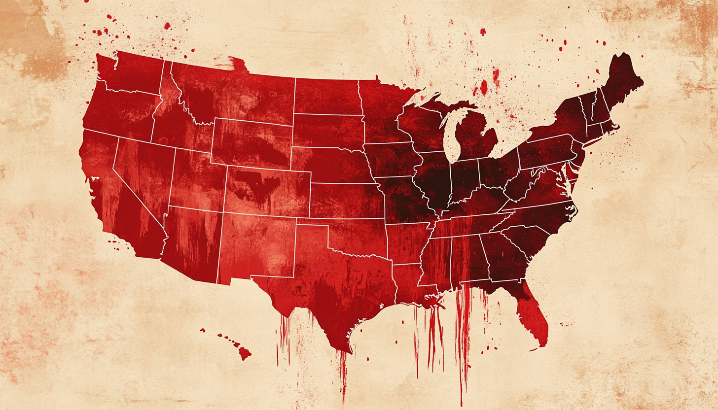 U.S. political map with red shading, patriotic background.