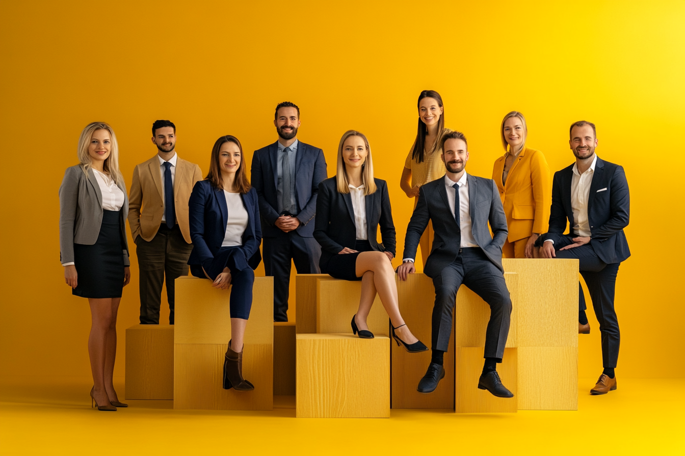 Ultra-detailed Business Group Photo in Deep Yellow Tone