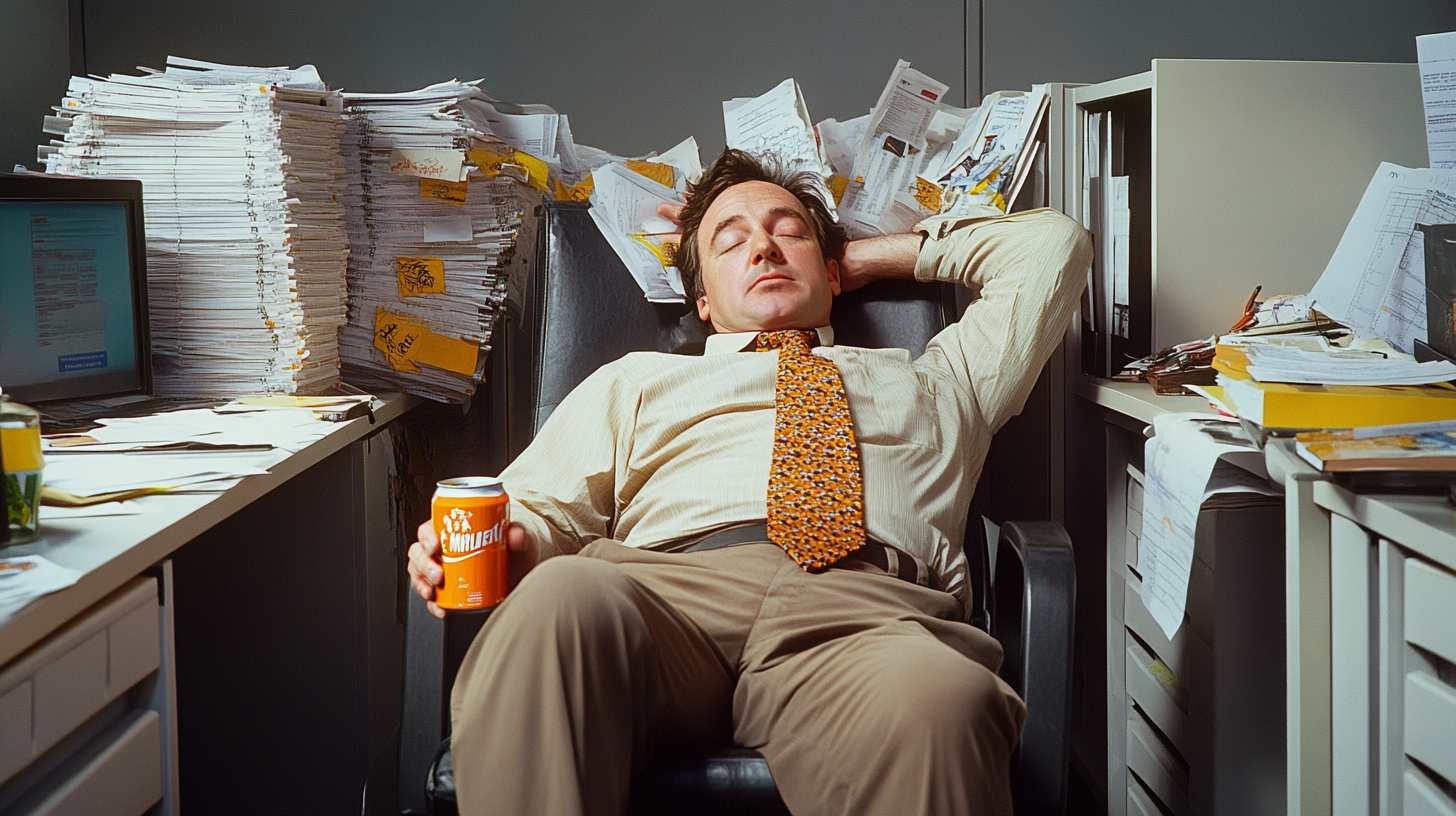 Unbothered Man Amidst Chaos in Office Cubicle