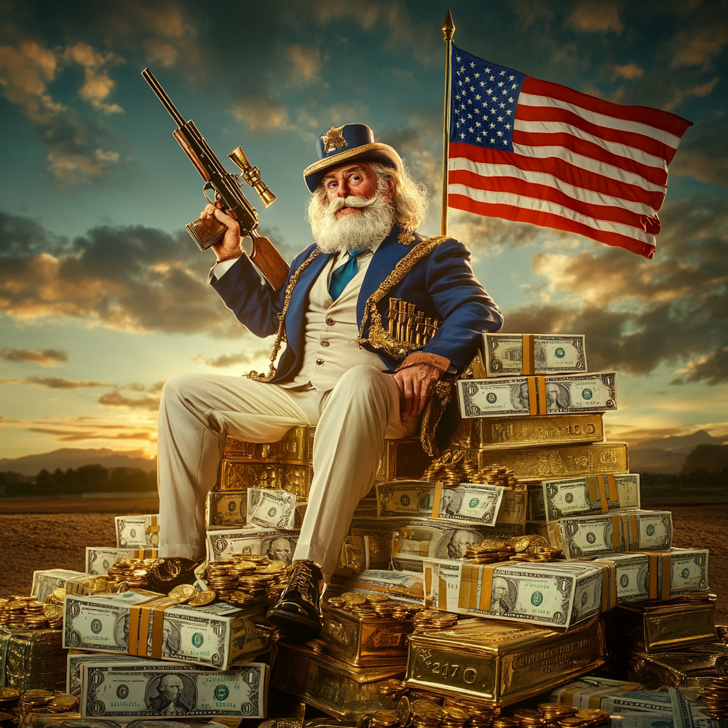 Uncle Sam defending wealth, flag in background