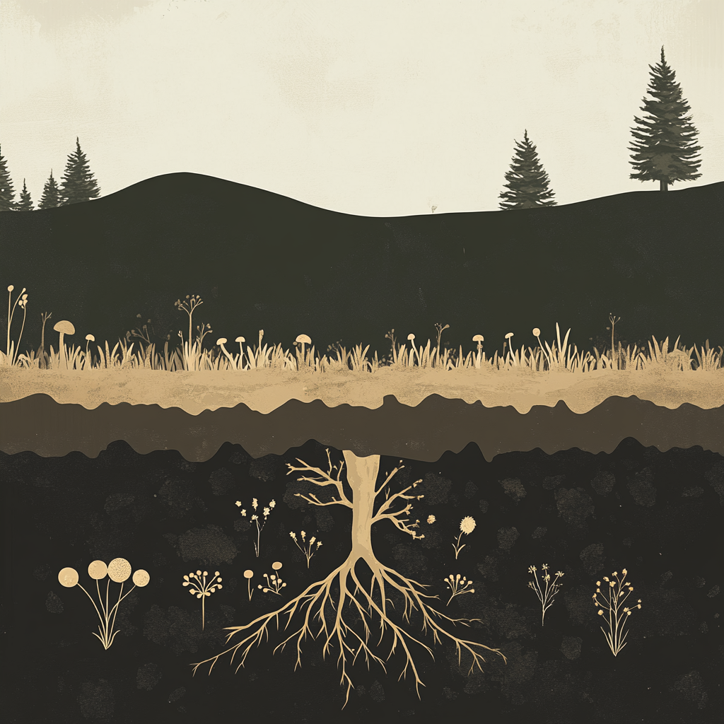 Underground soil profile with roots, microbes, and mycelium