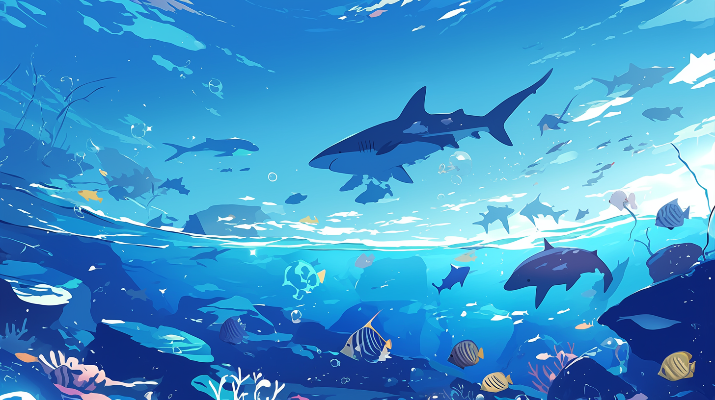 Underwater scene with fish and sharks, blue shades