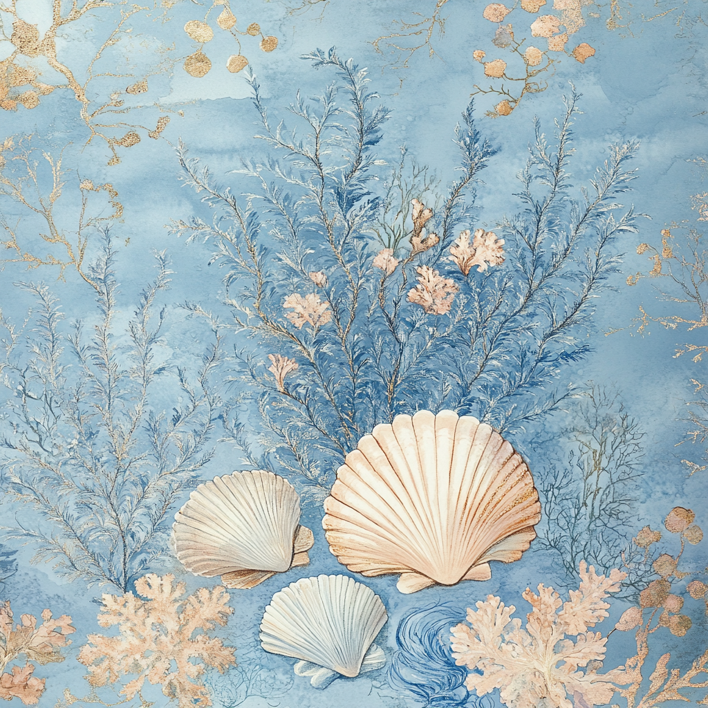 Underwater treasures in soft blue watercolor sketch