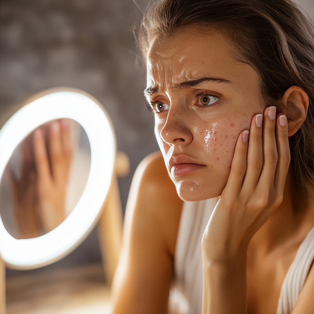 Unhappy woman with flushed skin touches cheeks sadly