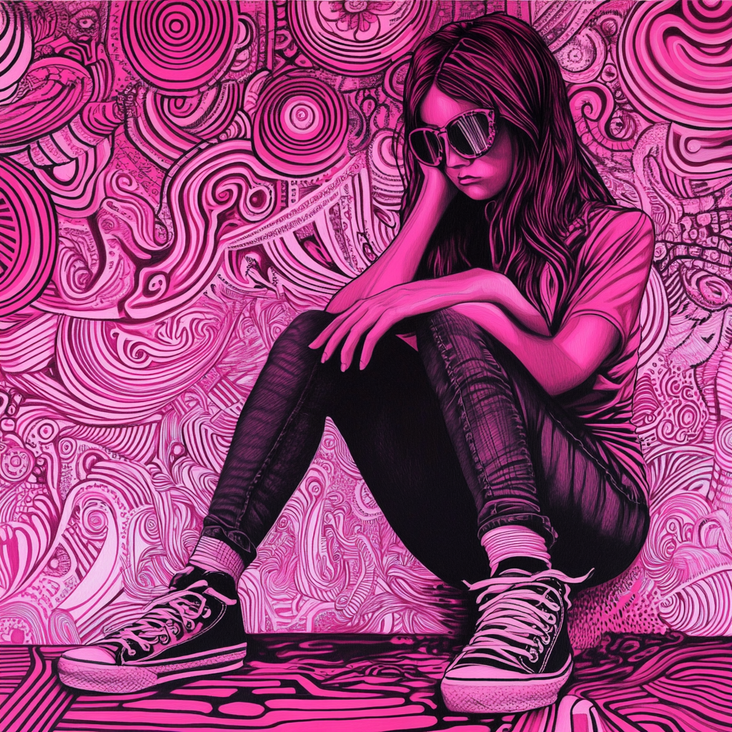 Unique girl skater in pink surreal setting