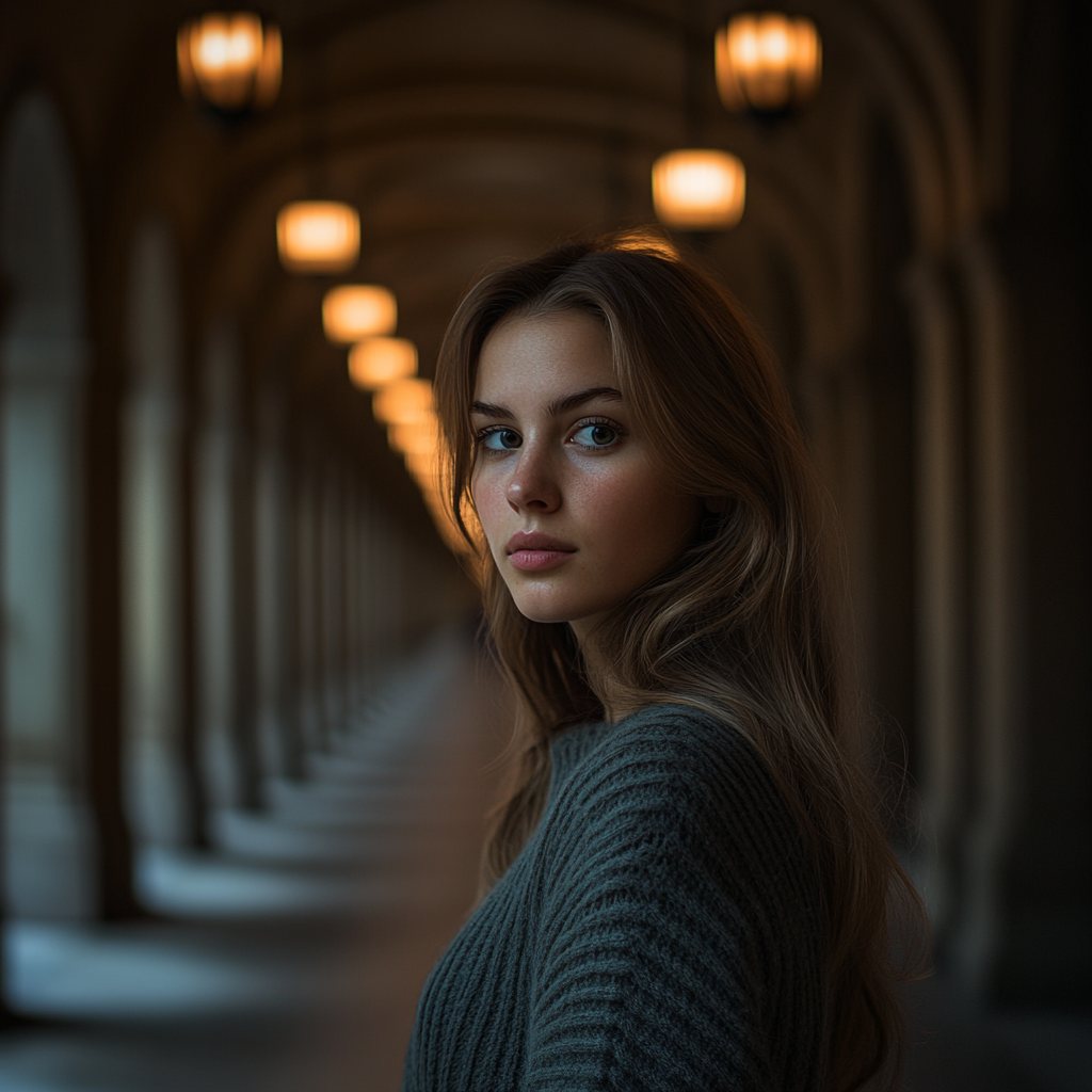 University Woman in Dramatic Campus Photoshoot Portrait