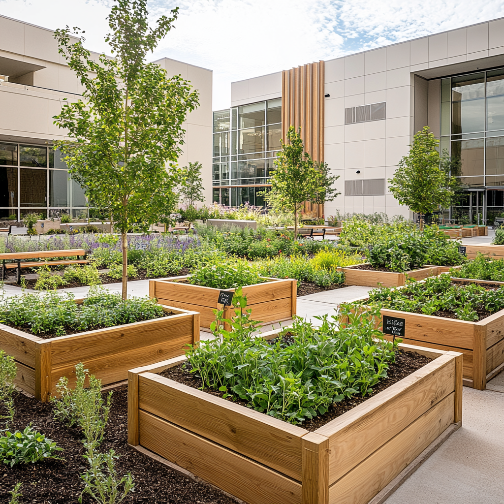 University herb garden corner with labeled plants and benches