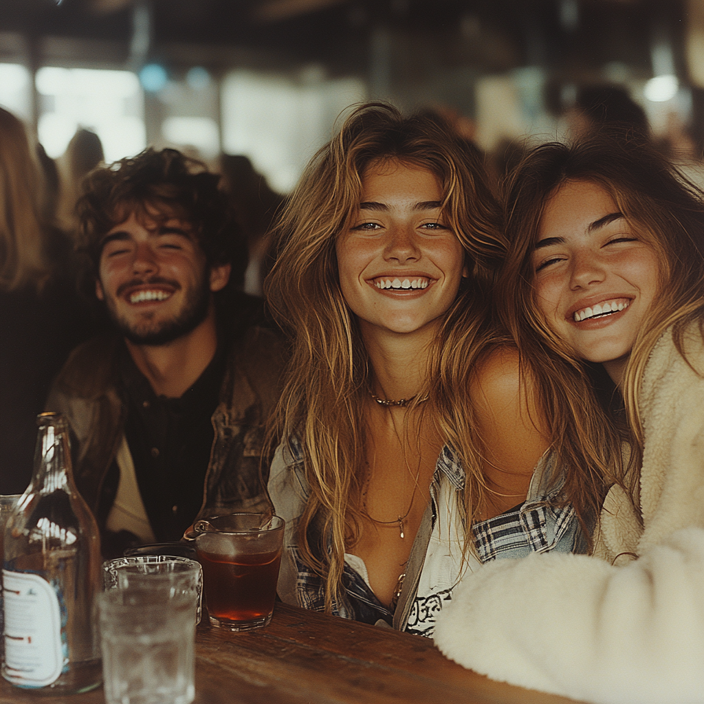 University students play truth or dare at table, laughing