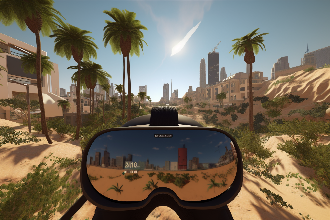 VR headset shows city, greenery, desert miniature landscape.