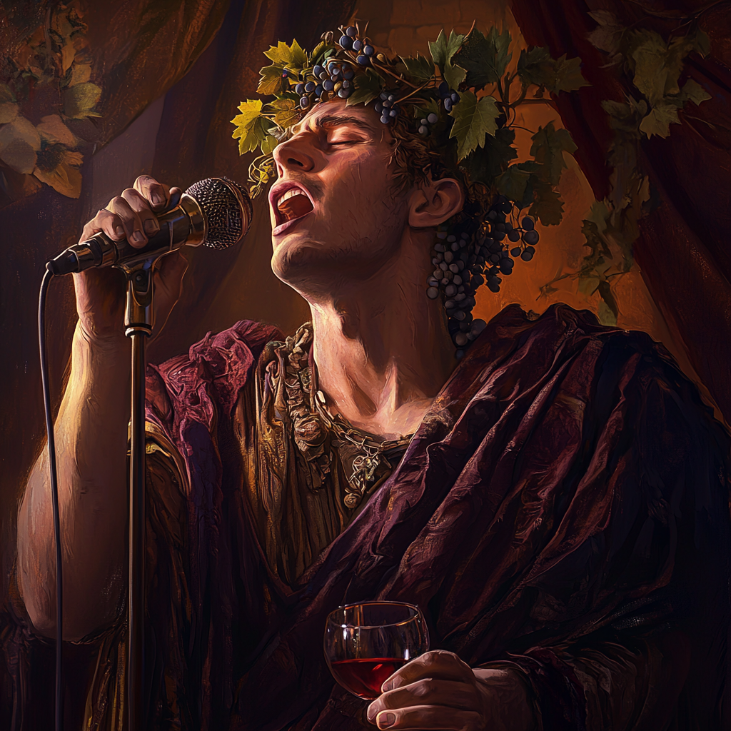 Vachus, God of Wine, Singing in Ancient Golden Cellar