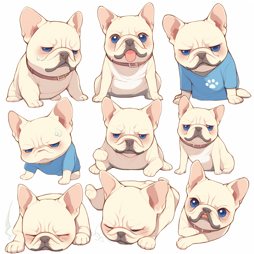 Various Bulldog drawings show feelings and actions