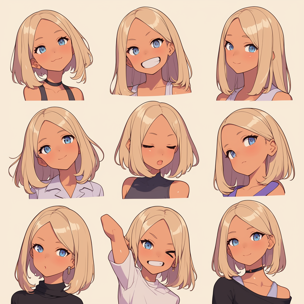 Various girls with blonde hair, tan skin, in chibi style poses