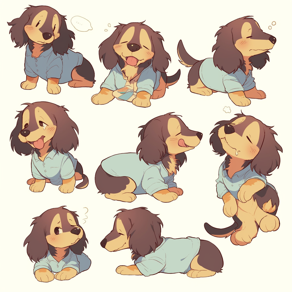 Various poses of a sad Dachshund