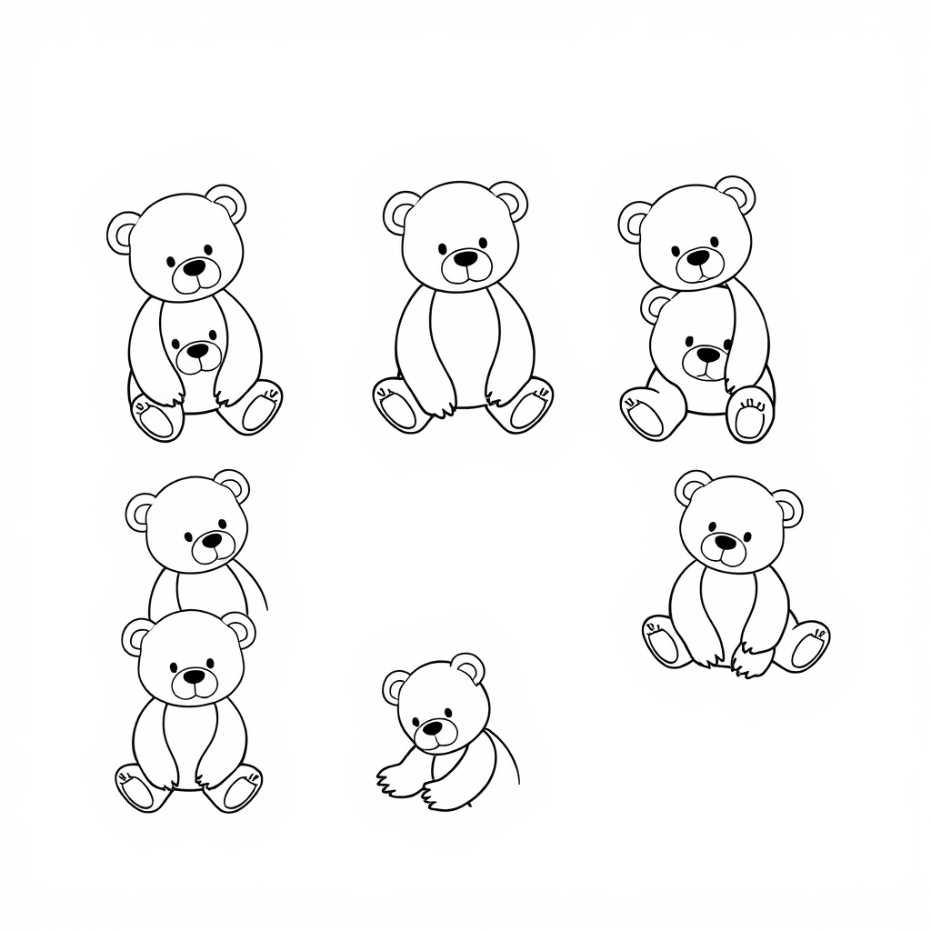 Various teddy bears in different poses, black and white.