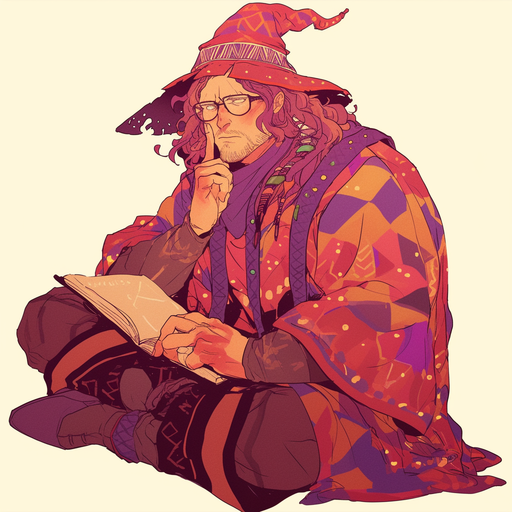 Varric Tethras wears wizard hat, contemplates tome