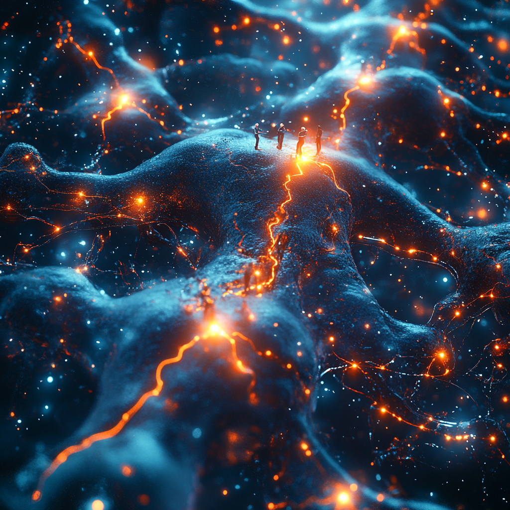 Vast, glowing neural network in space, connecting social insights.