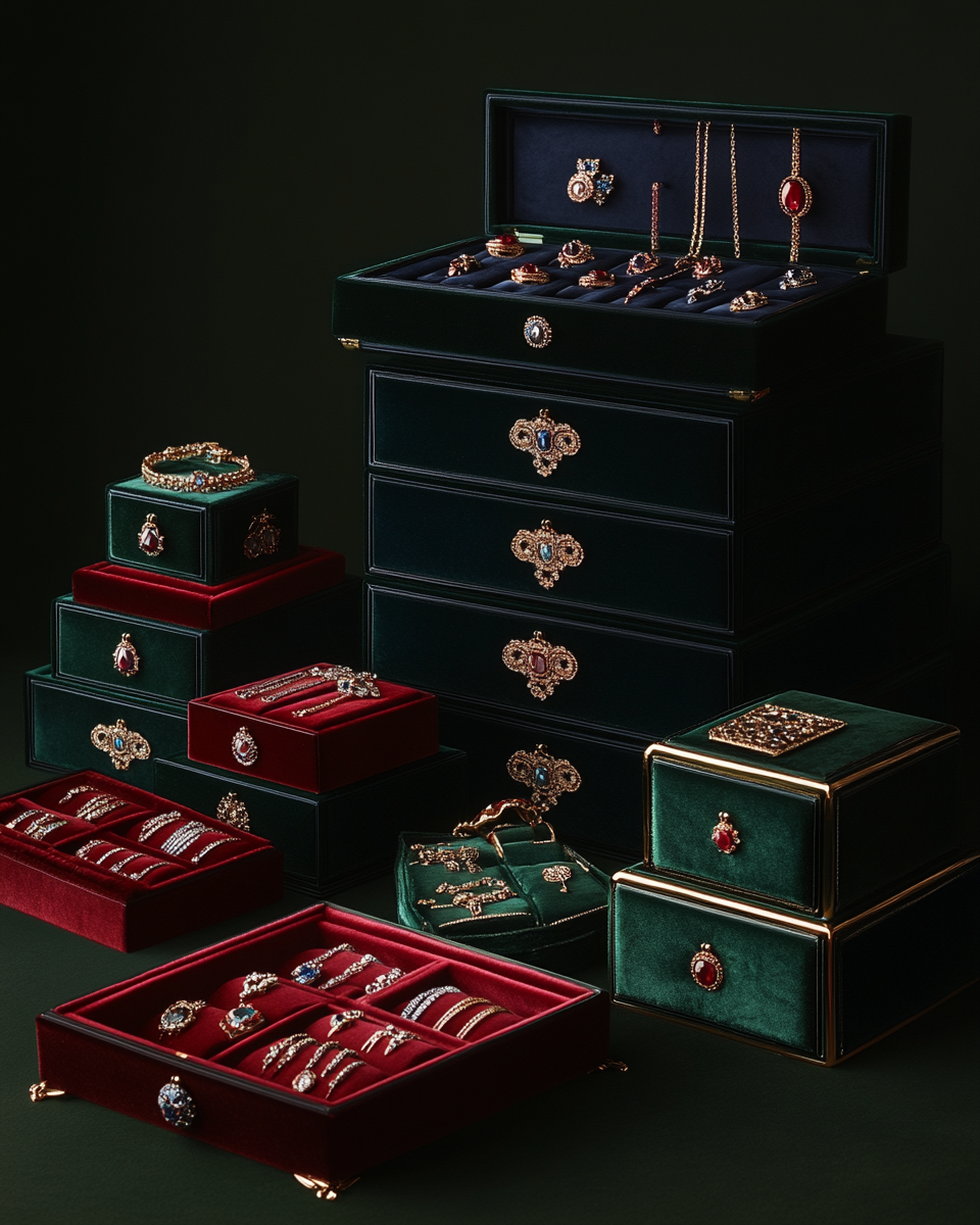 Velvet jewelry boxes with sparkling gemstones on display