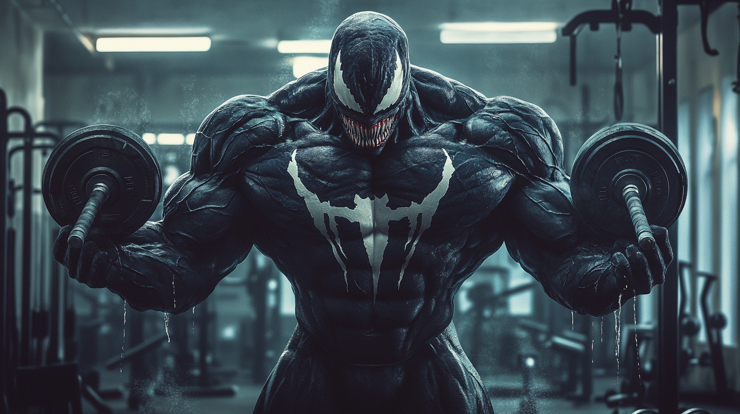 Venom's Strong Muscles in Gym with Dumbbells