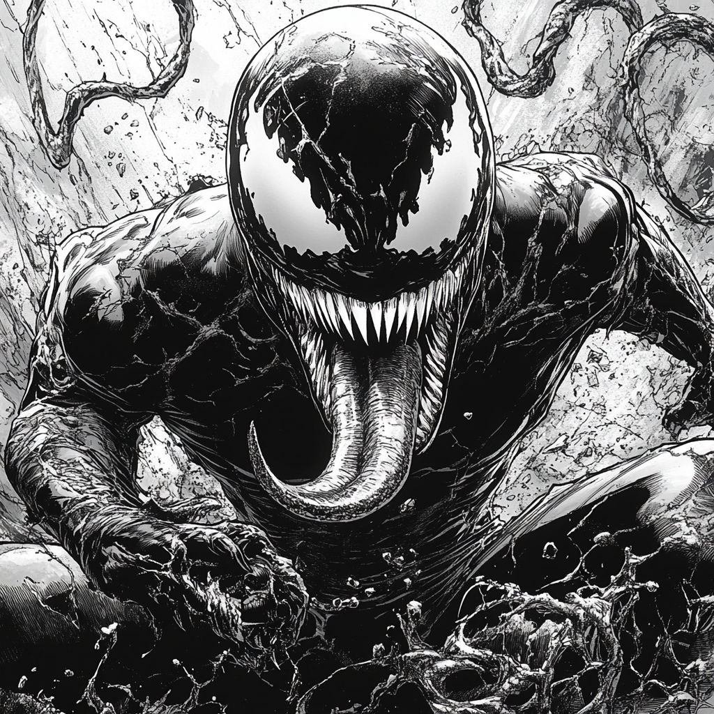 Venom comic hero crawling with tongue out