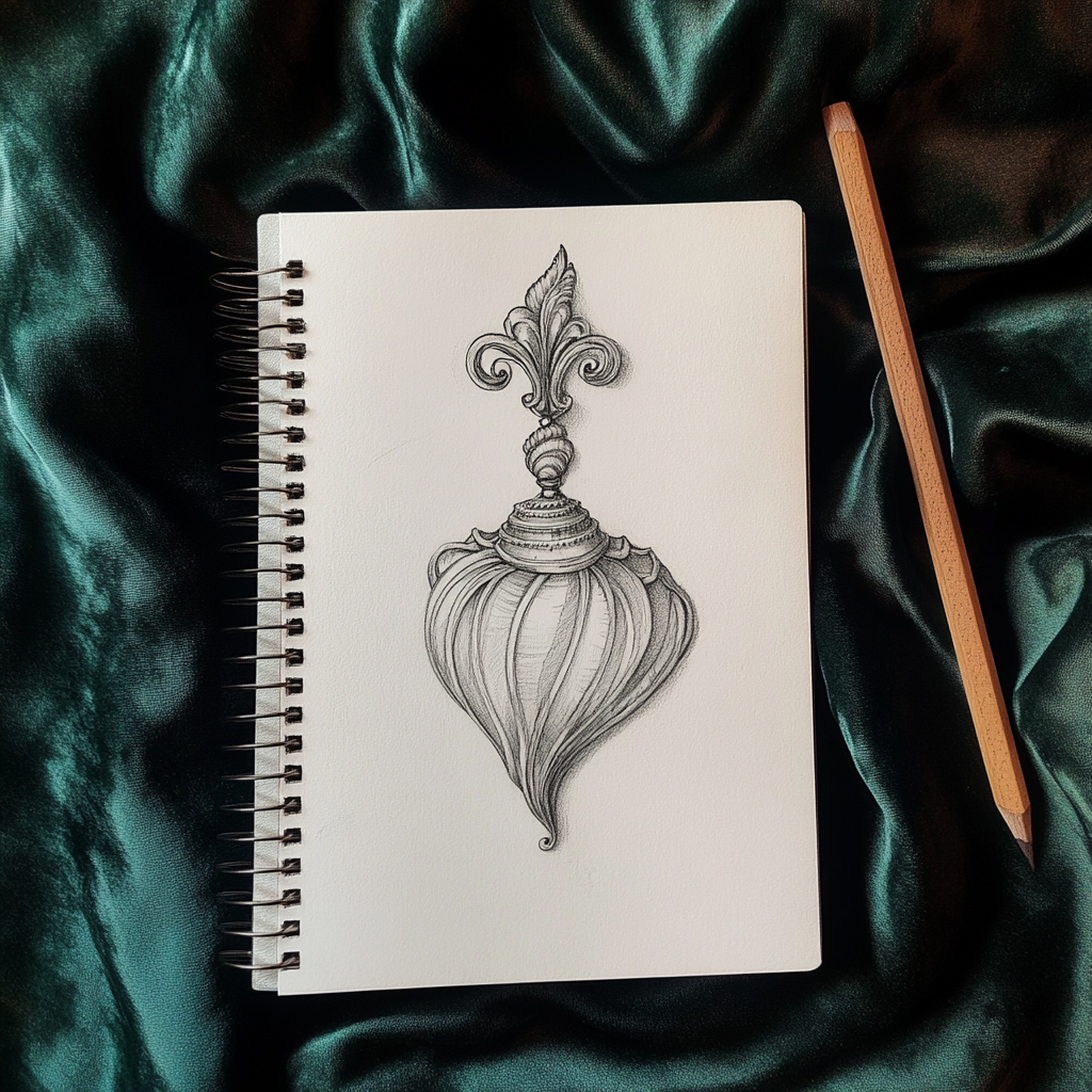 Venus-inspired art nouveau pendant sketch on spiral notebook