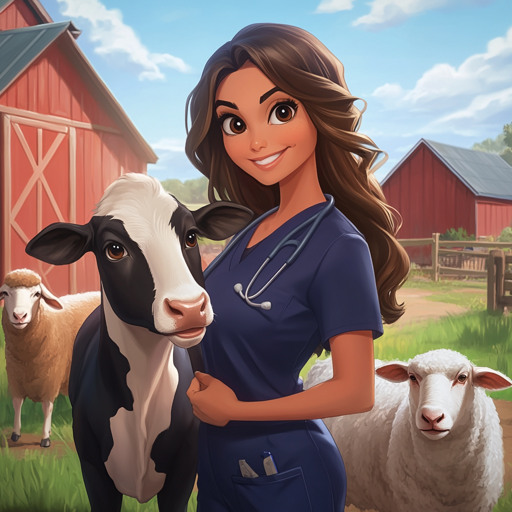 Veterinarian woman in blue scrubs petting cow, goat, sheep.