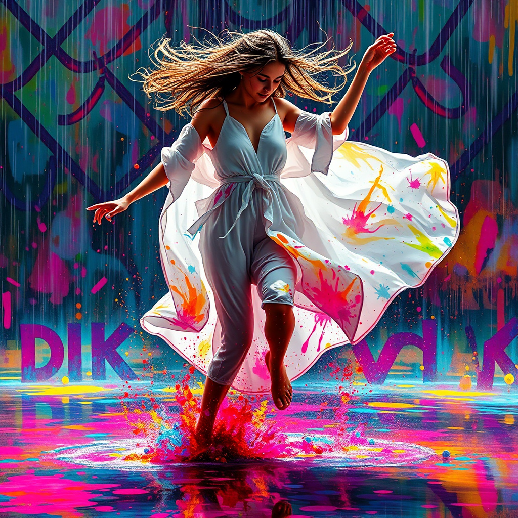 Vibrant Dance: Young Woman in Colorful Rainstorm