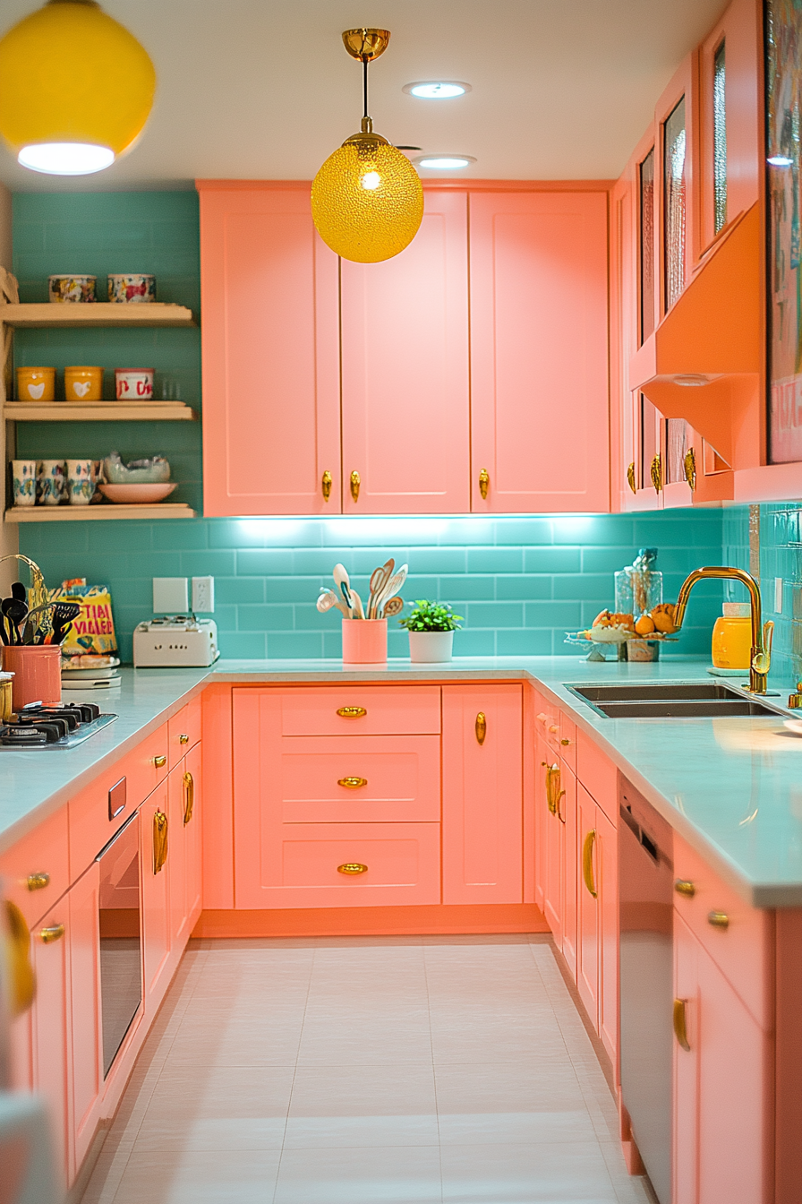 Vibrant Flamingo Pink Eclectic Kitchen with Artistic Atmosphere