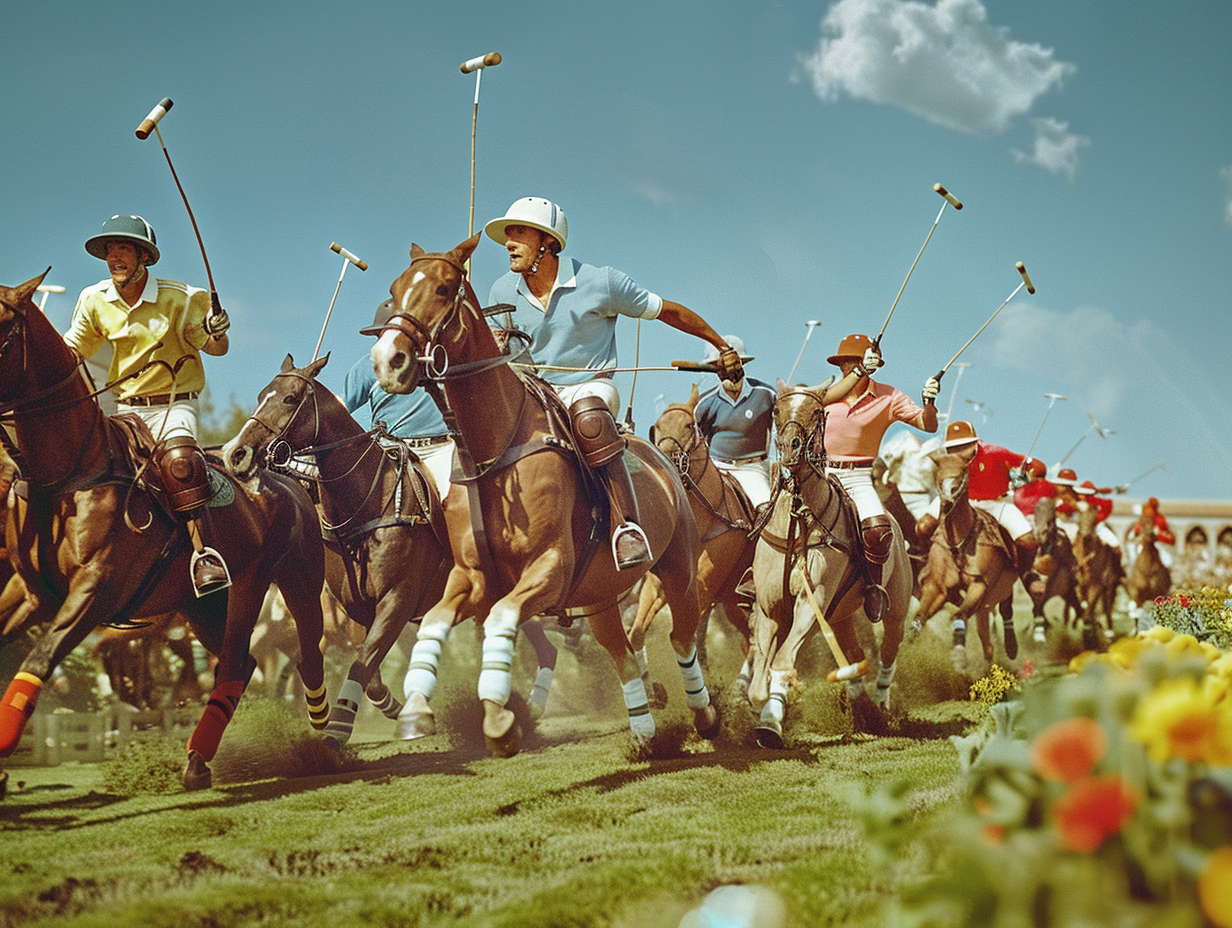 Vibrant Men's Polo Game Advertisement-galloping horses, intense swings