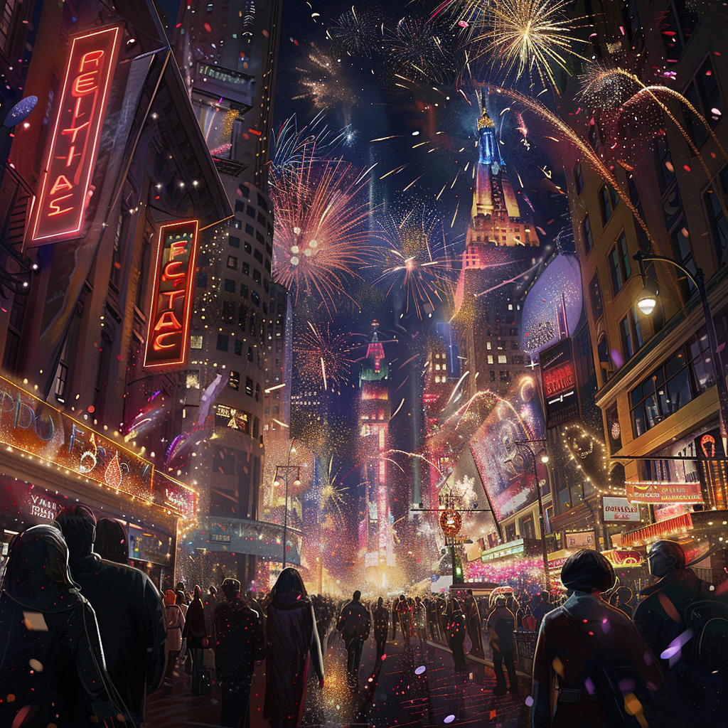 Vibrant New Year's Eve fireworks light up city street