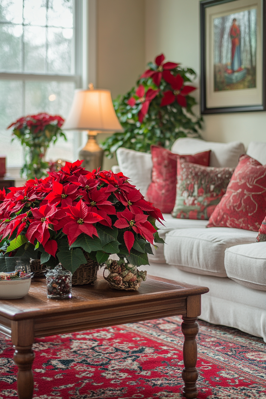 Vibrant Poinsettias Brighten Festive Christmas Living Room