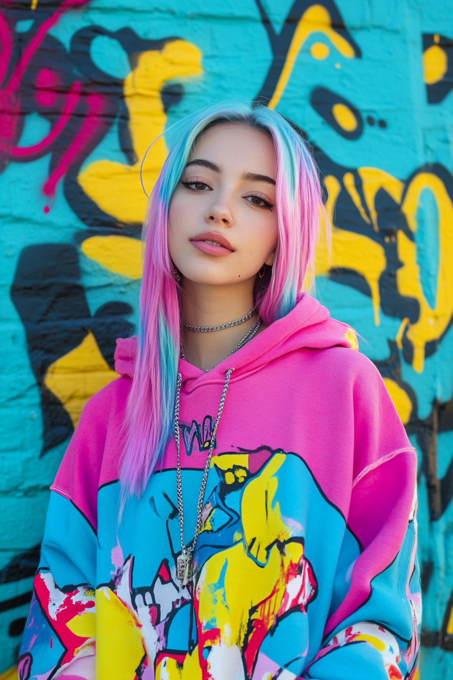 Vibrant Pop-Art Portrait of Neon-Haired, Stylish Young Woman