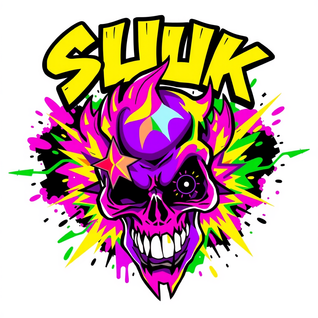 Vibrant Skull Streetwear Graphic with Graffiti Text