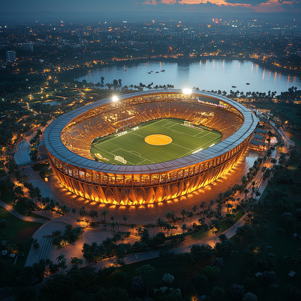 Vibrant Tanzania Football Stadium Glowing in Evening Light