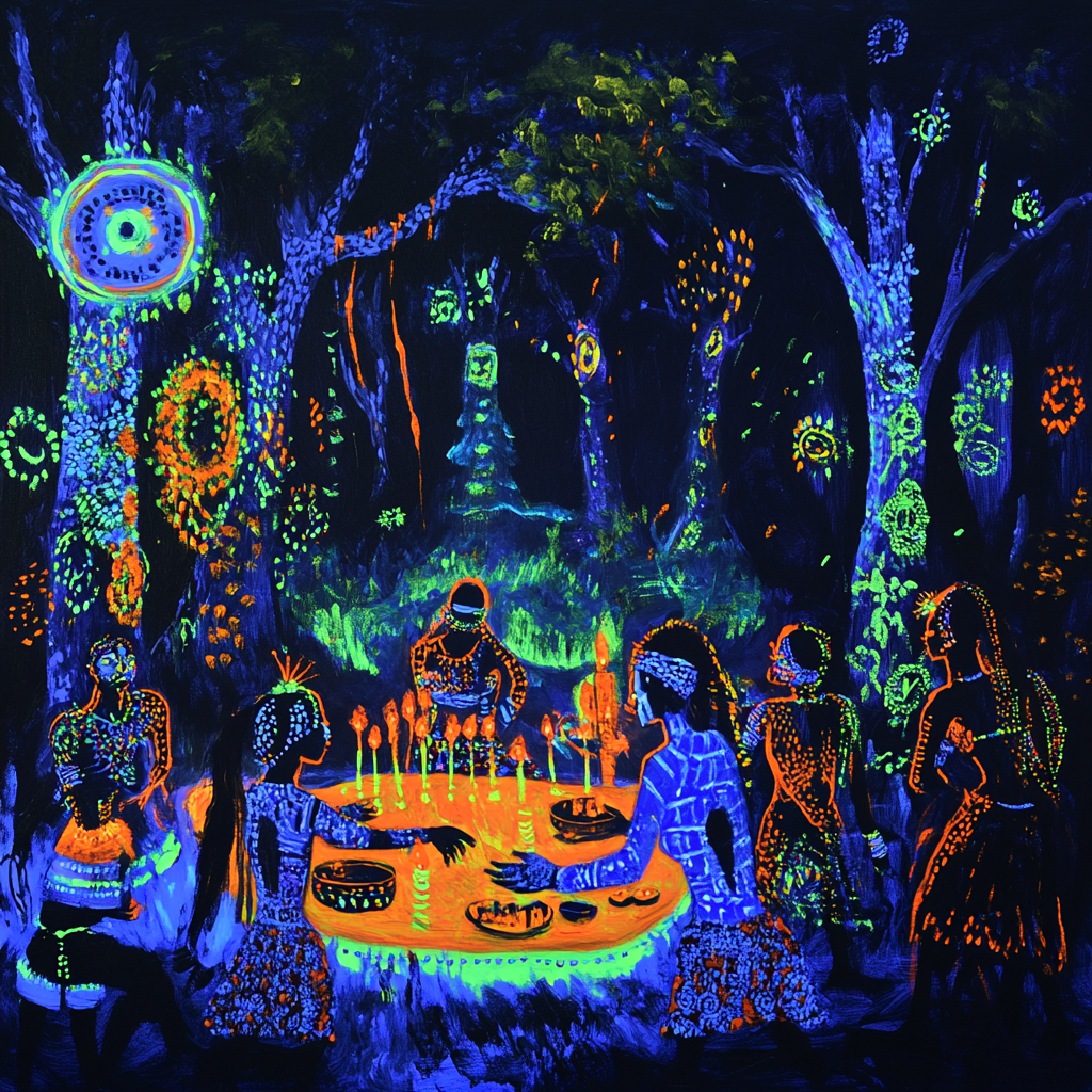 Vibrant black light painting of West African Voodoo ceremony.