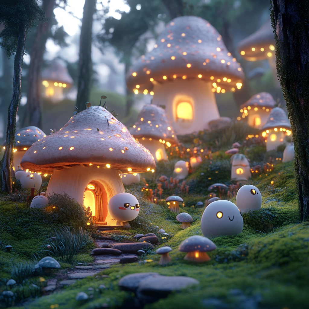 Vibrant forest village with glowing mushrooms and fluffly creatures.