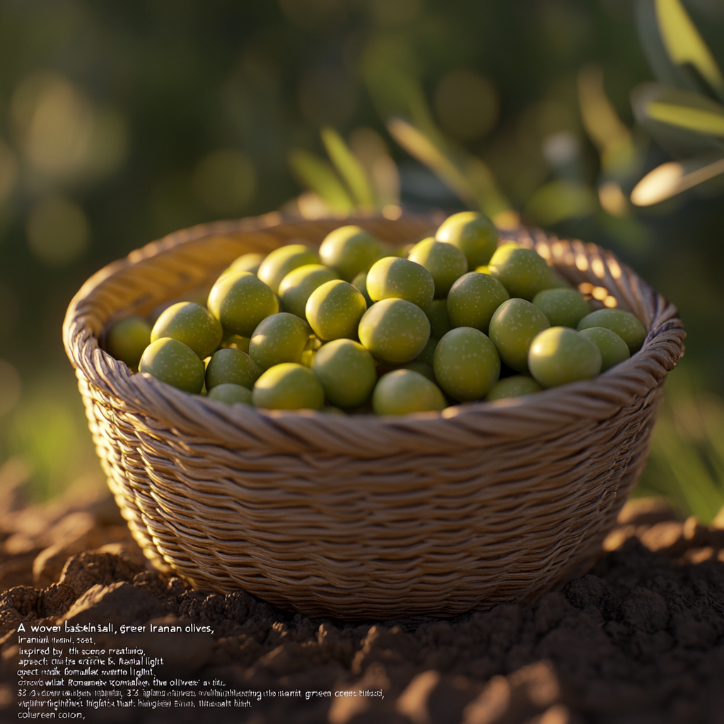 Vibrant green Iranian olives in woven basket