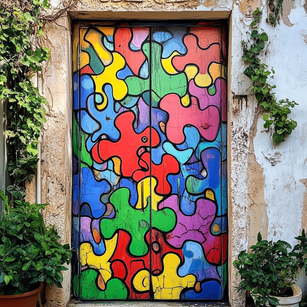 Vibrant painted door with interlocking puzzle pieces, blending colors.