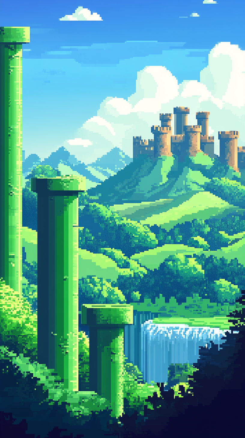 Vibrant pixel video game with whimsical landscape scene.