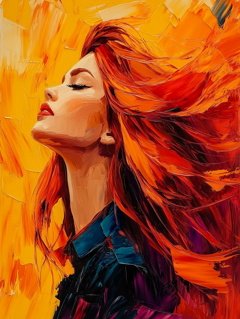 Vibrant portrait of fiery-haired woman with wind-blown hair