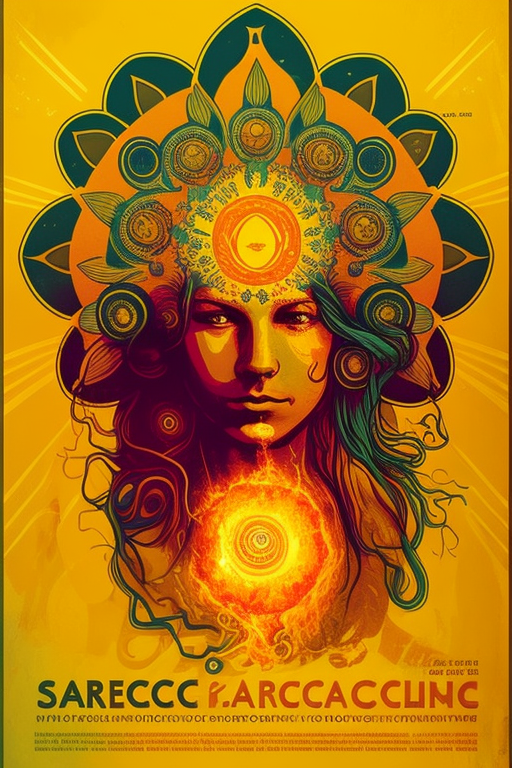 Vibrant poster for ceremony with ayahuasca, chakra power.