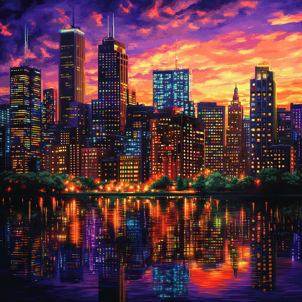 Vibrant sunset city with buildings and twinkling lights