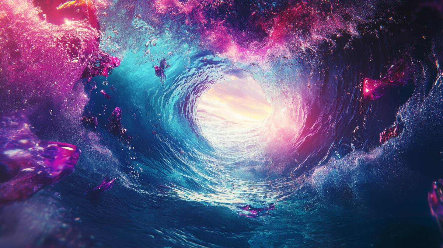 Vibrant underwater wave crashes with colorful lighting